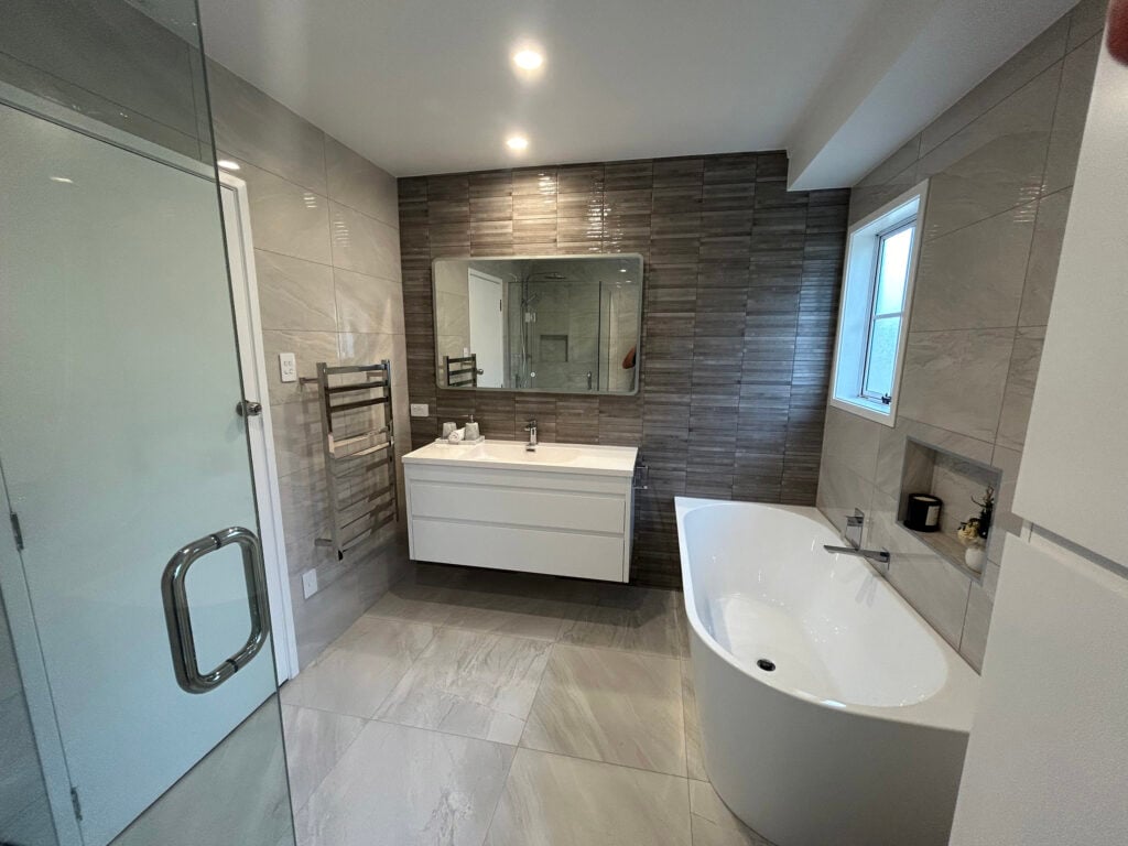 modern, stylish bathrooom renovation with floating vanity